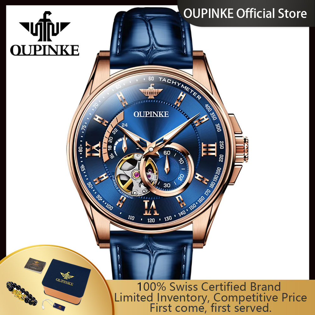 Chronograph Flyback Watch - OUPINKE 3222 Original Automatische Herrenuhr Echtlederarmband